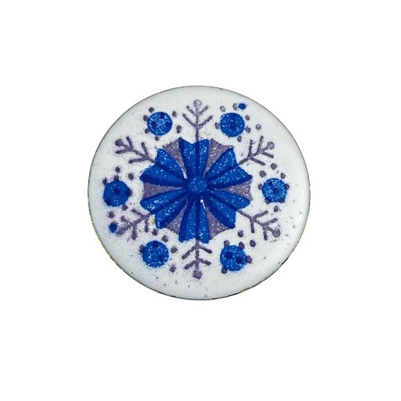 Vintage Holiday Snowflake Lapel Pin Blue & Purple Glitter Round Enamel Design - Picture 4 of 5